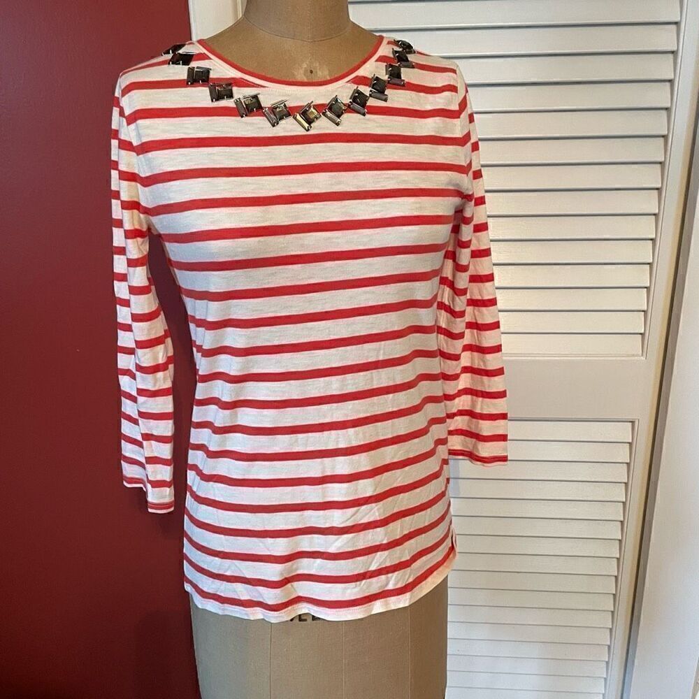 J CREW | orange and white stripe w beaded collar top XS